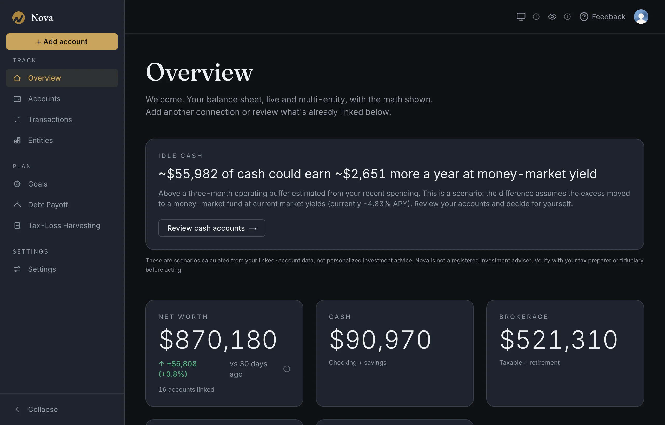 Nova app window with the left sidebar navigation and the overview page showing a net worth of $870,180 with cash and brokerage cards and an idle-cash scenario