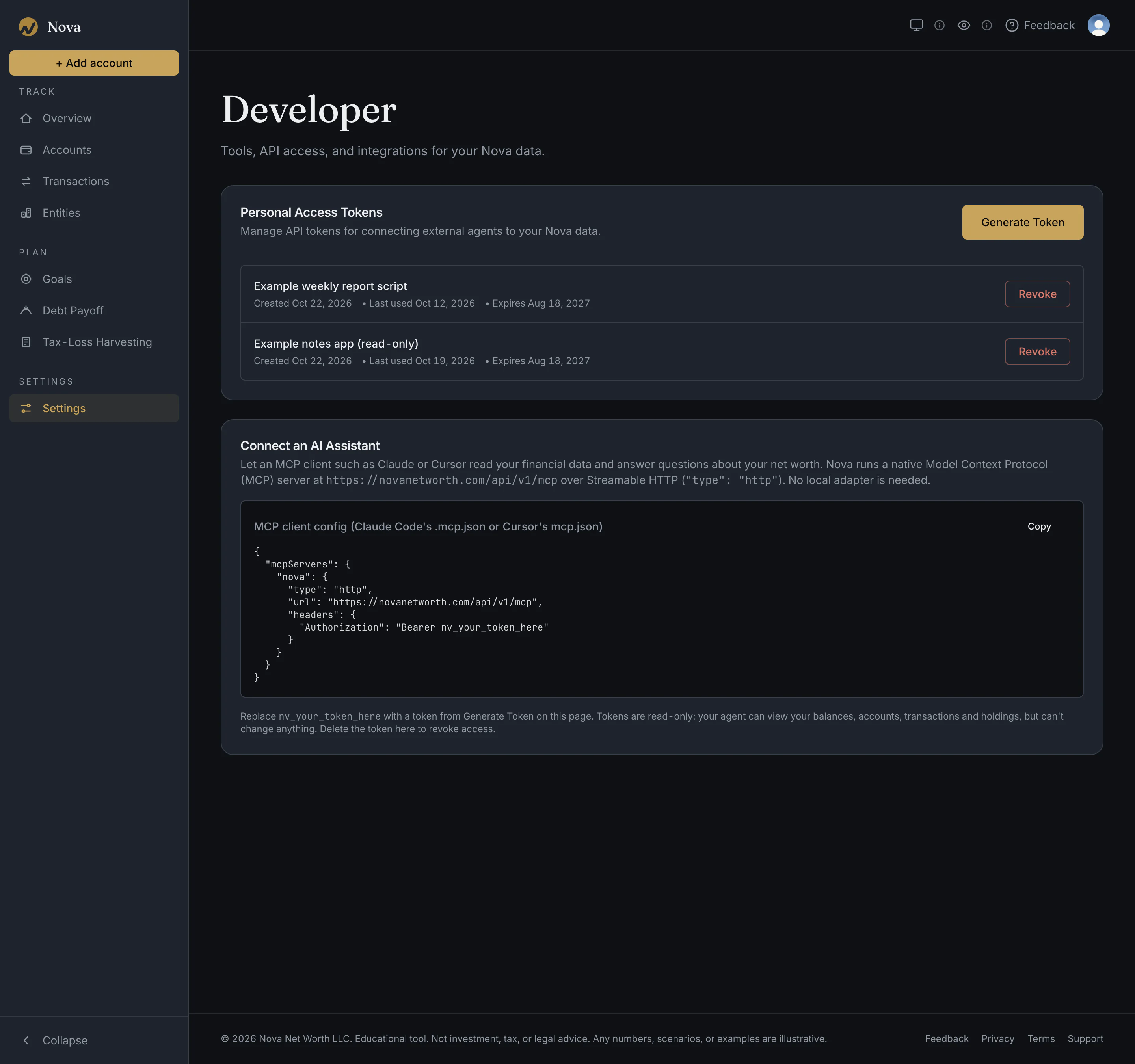 Nova app window with the left sidebar navigation and the developer page showing two placeholder personal access tokens named Example weekly report script and Example notes app, each with a Revoke button, and an MCP client configuration snippet with a placeholder token.