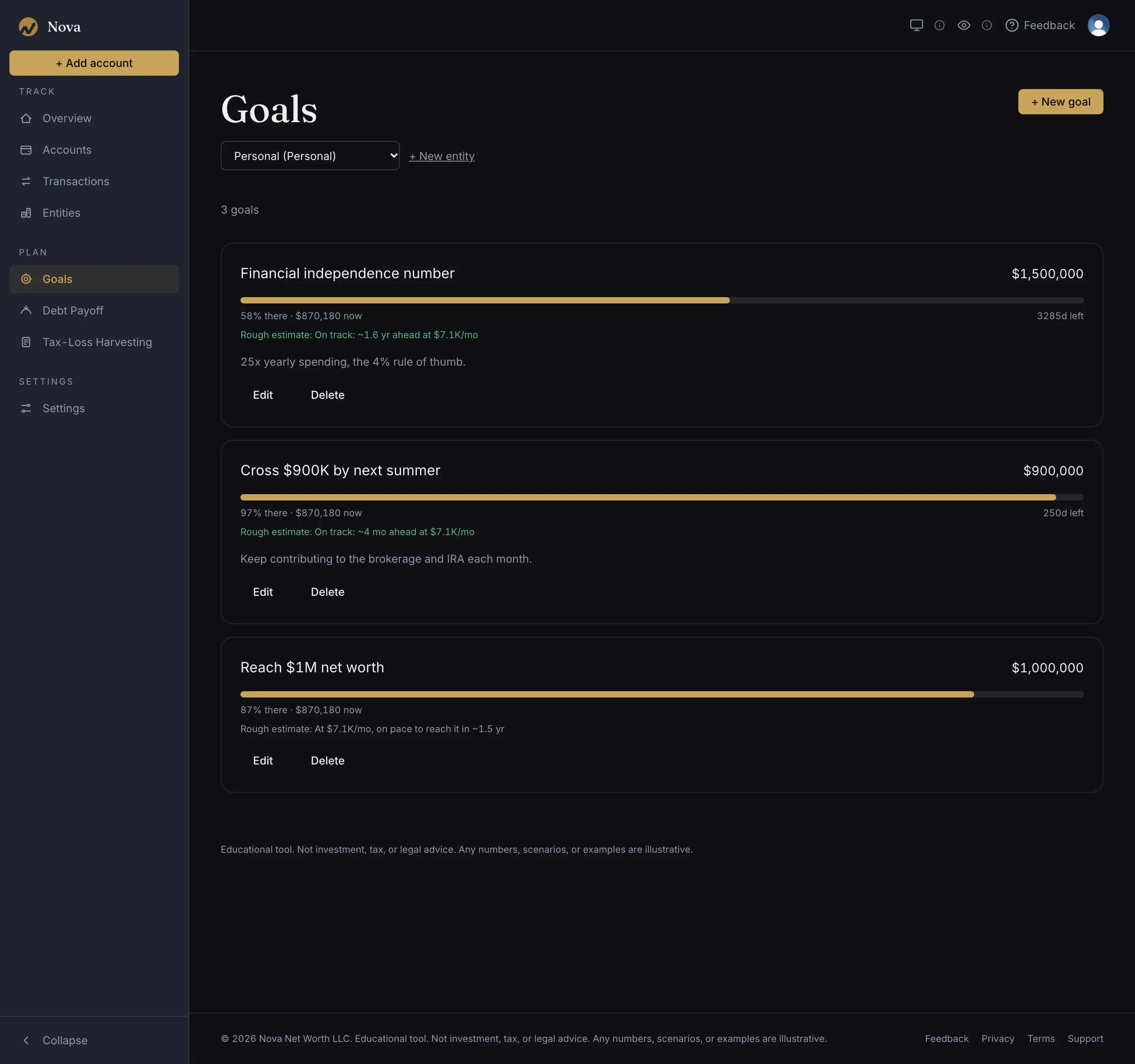 Nova app window with the left sidebar navigation and the goals page showing three sample goals: Financial independence number at 58 percent, Cross $900K by next summer at 97 percent and Reach $1M net worth at 87 percent, each with $870,180 now and a rough estimate of when it will be reached at $7.1K per month.
