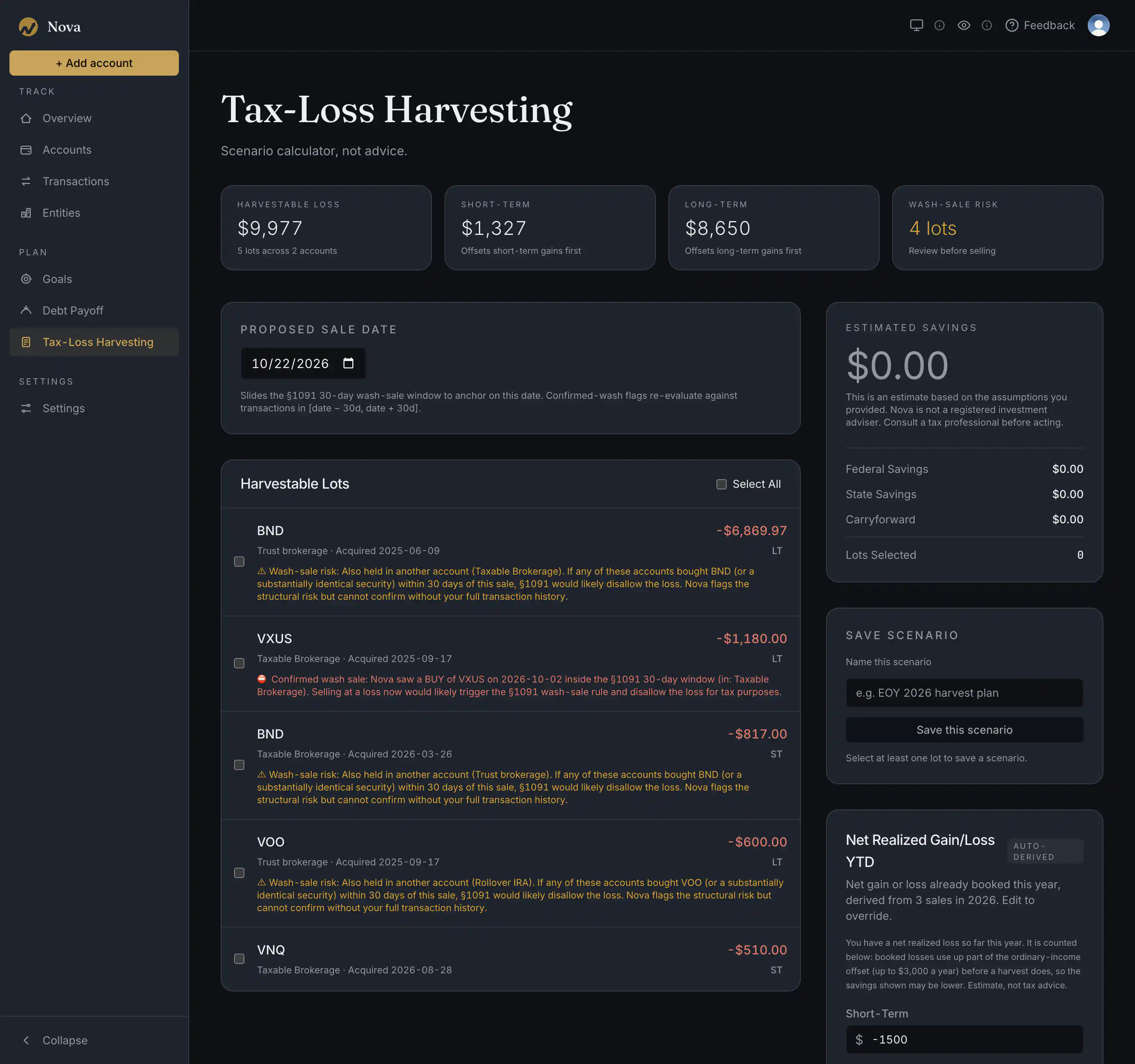 Nova app window with the left sidebar navigation and the tax-loss harvesting page showing a sample harvestable loss of $9,977 across 5 lots in 2 accounts, with $1,327 short-term and $8,650 long-term, 4 lots flagged for wash-sale risk, and a list of lots such as BND and VXUS with their losses.