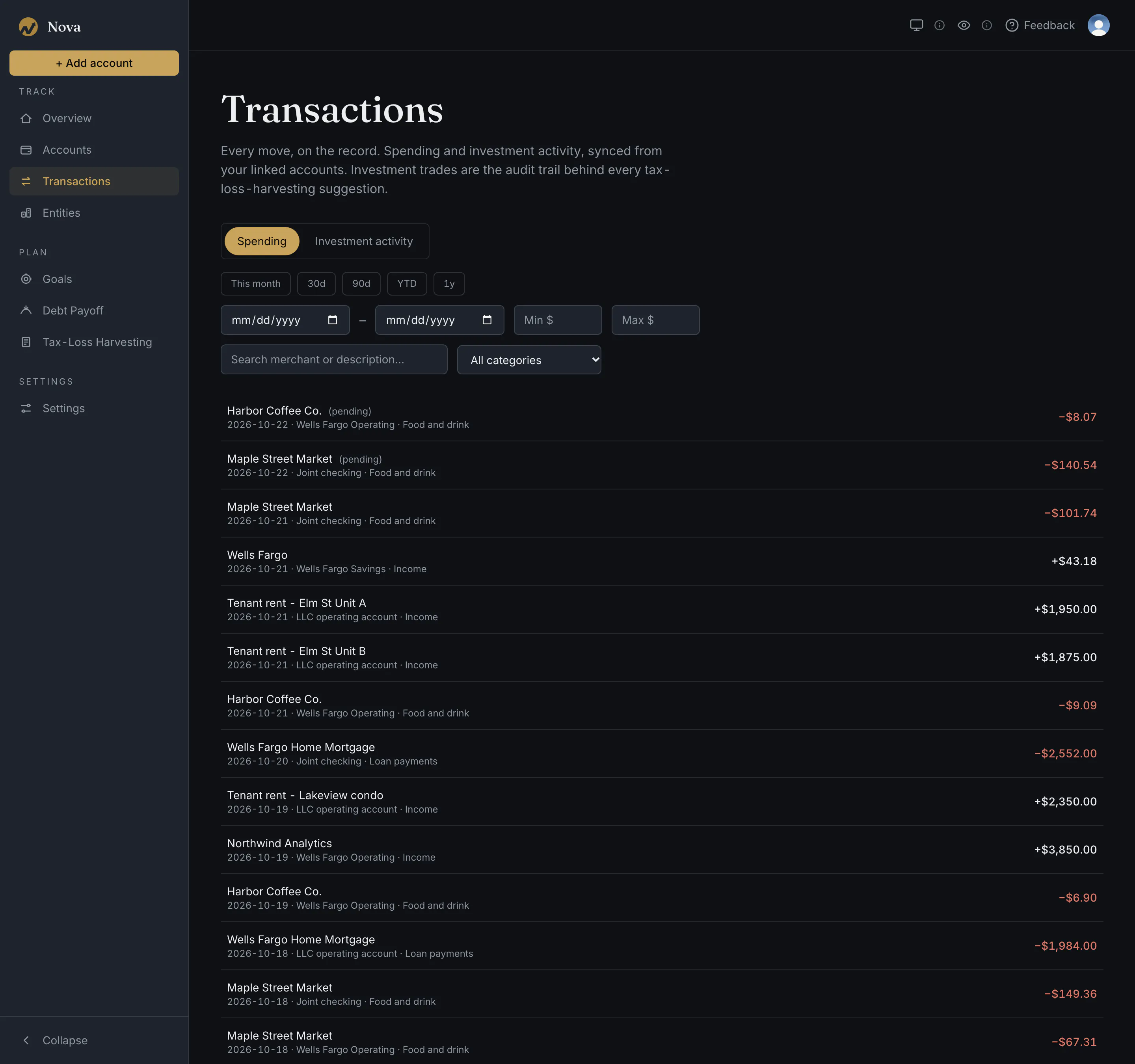 Nova app window with the left sidebar navigation and the transactions page on the Spending tab, with date, amount, search and category filters above a dated list of sample transactions such as Maple Street Market, Harbor Coffee Co., tenant rent and a payroll deposit, each with an account name, category and amount.